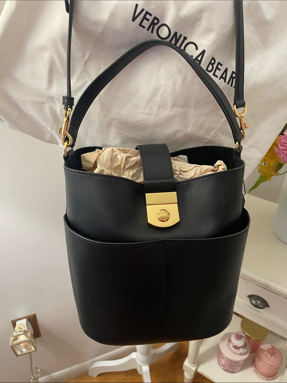 Veronica Beard Black Leather Bucket Bag with Gold Hardware Strap